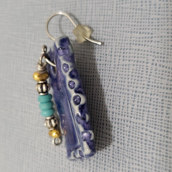 New Attractive Blue Ceramic and Turquoise Beads Dangle Earrings Mixed Metals - Picture 6 of 8